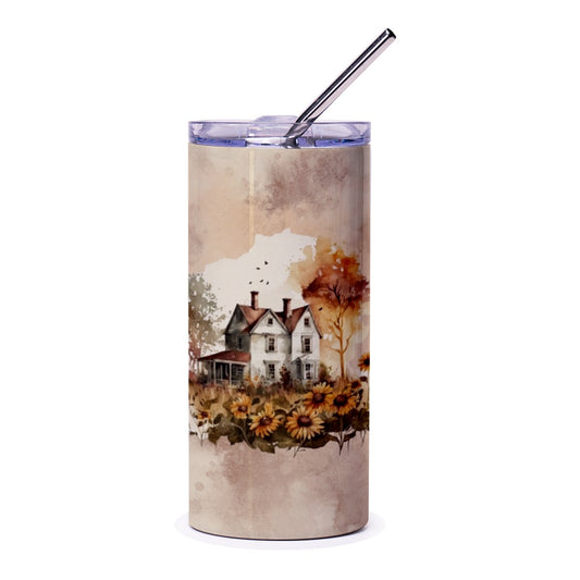 Sunflower Farmhouse Tumbler, Rustic Home Decor Tumbler, Autumn Landscape Tumbler, Countryside Design Tumbler, Nature Lover Gift - Tawshia