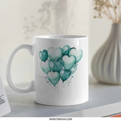 Heart Balloons Mug, Watercolor Balloons, Love Mug, Gift for Her, Birthday Gift, Valentines Mug, Teal Balloons, Unique Mug - Tawshia