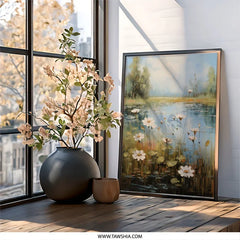 Pond Flowers Wall Art, Floral Landscape Print, Nature Inspired Artwork, Serene Water Lilies Painting, Botanical Home Decor, Wall Art - Tawshia