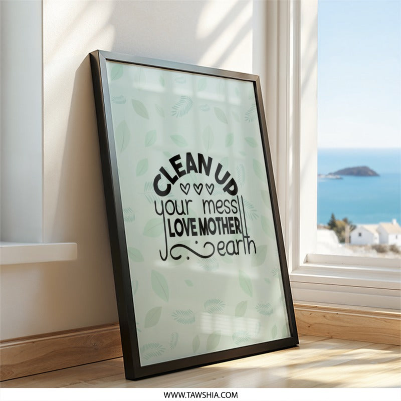 Clean Up Your Mess, Love Mother Earth Framed Wall Art, Eco Friendly Art, Home Decor, Sustainable Gift, Inspirational Quote Print - Tawshia