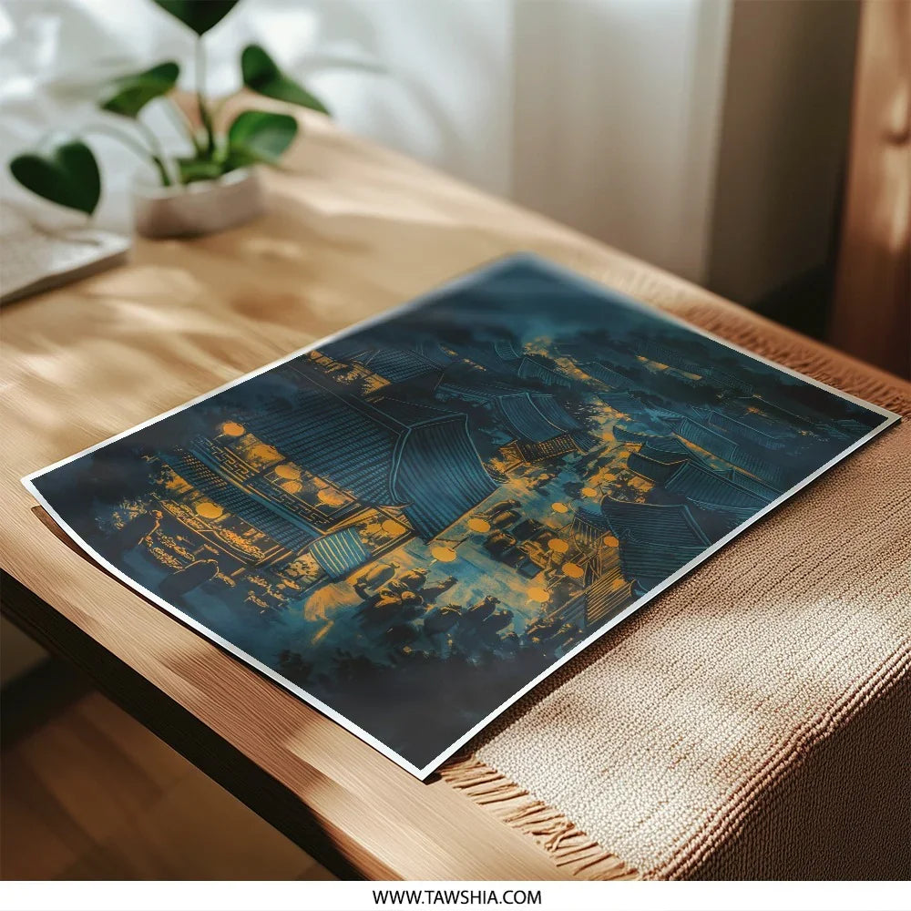 Japanese Village Photographic Print, Asian Architecture Art, Night Scene Decor, Oriental Illustration, Unique Wall Art, Fine Art Print - Tawshia