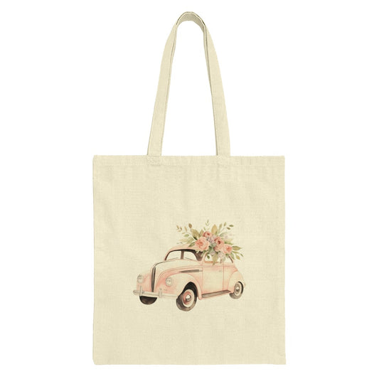 Floral Car Tote Bag, Cute Pink Car, Flower Bouquet, Aesthetic Tote, Unique Design, Shopping Bag, Everyday Bag, Gift for Her - Tawshia