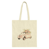 Floral Car Tote Bag, Cute Pink Car, Flower Bouquet, Aesthetic Tote, Unique Design, Shopping Bag, Everyday Bag, Gift for Her - Tawshia