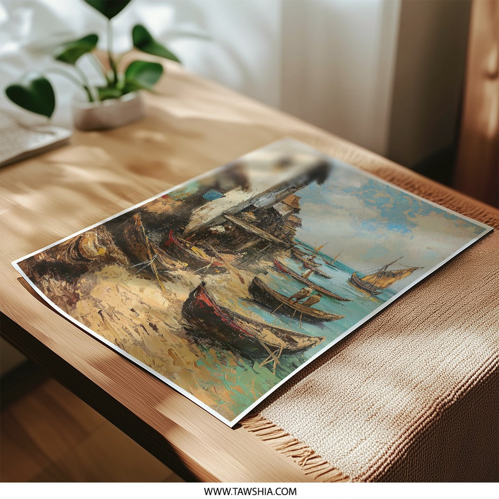 Coastal Village Photographic Print, Oil Painting Style, Boat Scene Print, Seaside Wall Art, Home Decor Print, Coastal Art Print - Tawshia