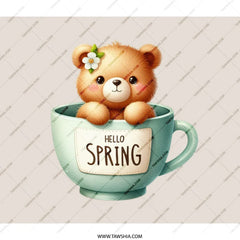 Hello Spring Bear Backpack, Cute Teddy in Cup Design, Floral Accent, Springtime School Bag, Kids Backpack, Everyday Carry - Tawshia
