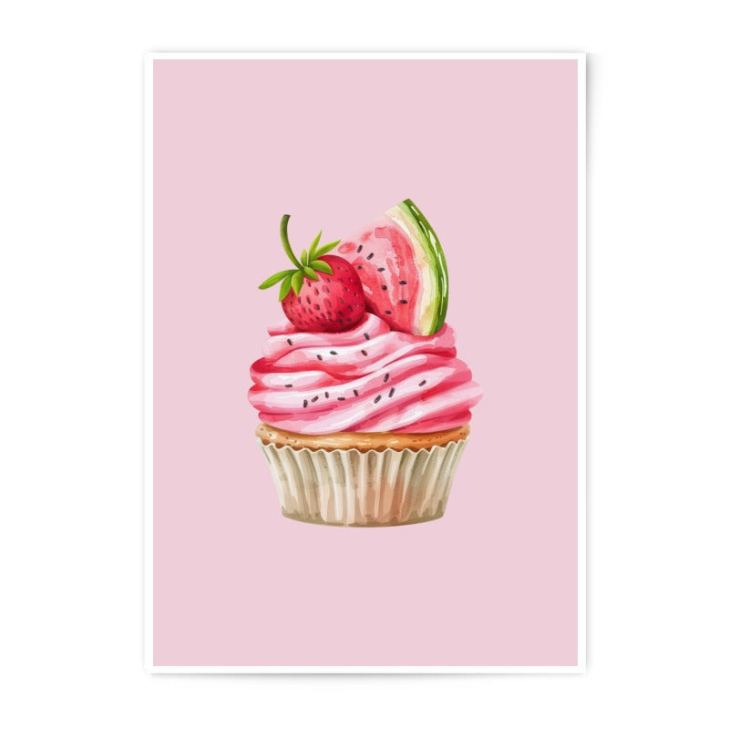 Cupcake Photographic Prints, Strawberry Watermelon Art, Dessert Wall Decor, Sweet Treat Prints, Food Illustration Prints, Kitchen Art - Tawshia
