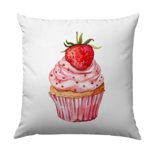 Strawberry Cupcake Pillow, Watercolor Food Art Throw Pillow, Decorative Cushion, Kitchen Decor, Dessert Lover Gift, Cupcake Lover Pillow - Tawshia
