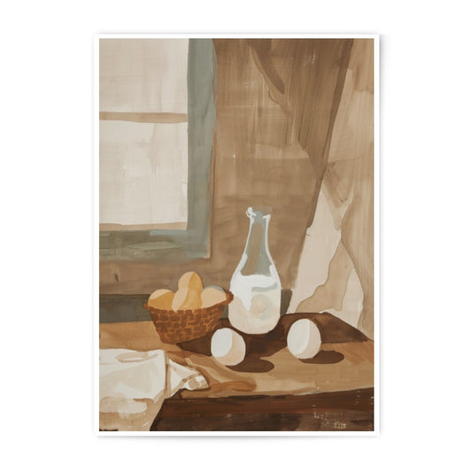 Minimalist Still Life Photographic Print, Neutral Tones Art, Milk and Eggs Kitchen Decor, Simple Rustic Farmhouse Art, Window Light Art - Tawshia