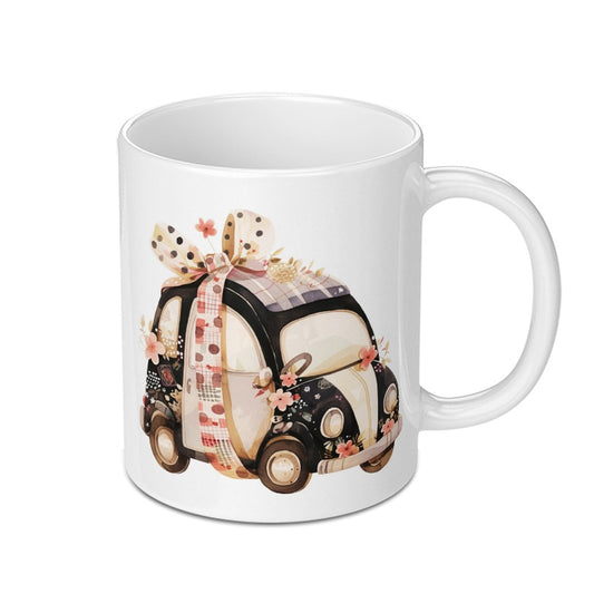 Cute Car Mug, Decorated Car, Floral Car, Unique Coffee Mug, Quirky Mugs, Gift Mug, Novelty Drinkware, Car Lover Mug - Tawshia