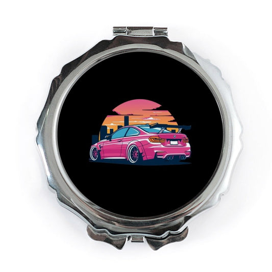 Pink Race Car Pocket Mirror, City Sunset Makeup Mirror, Car Enthusiast Gift, Automotive Compact Mirror, Portable Mirror for Travel - Tawshia