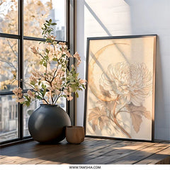 Chrysanthemum Moon Wall Art, Floral Wall Decor, Botanical Print, Nature Inspired Art, Crescent Moon Art, Celestial Wall Art - Tawshia