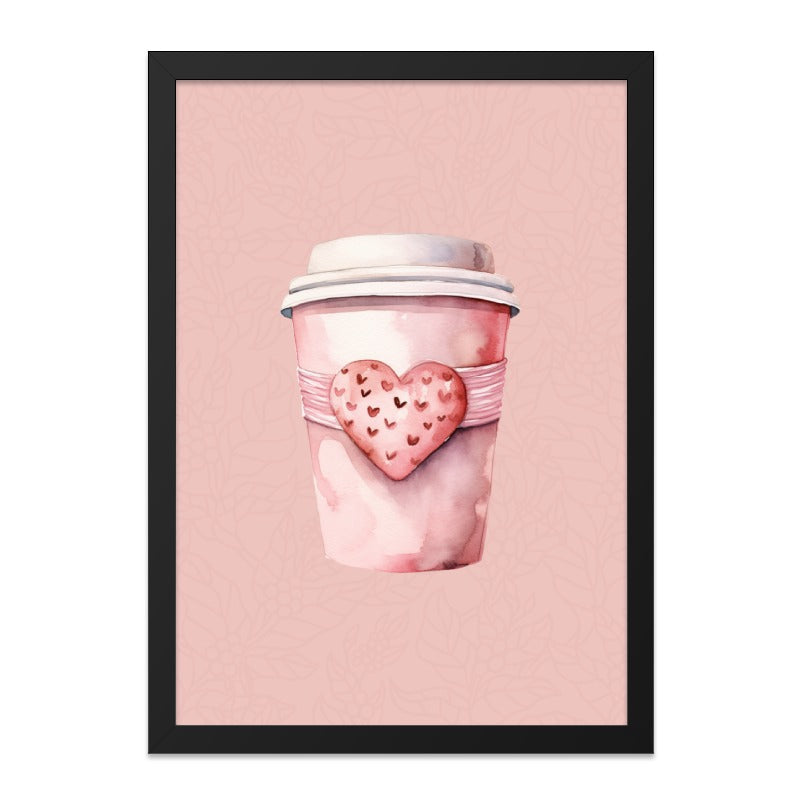 Pink Coffee Cup Wall Art, Heart Theme Print, Watercolor Style Decor, Romantic Coffee Lover Gift, Cute Kitchen Art - Tawshia