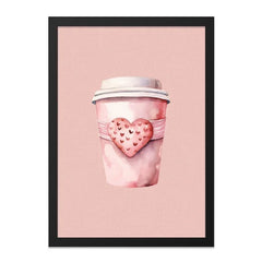 Pink Coffee Cup Wall Art, Heart Theme Print, Watercolor Style Decor, Romantic Coffee Lover Gift, Cute Kitchen Art - Tawshia
