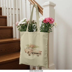 Pink Car Tote Bag, Floral Car Design, Retro Car Art, Classic Car Lover Gift, Unique Tote Bag, Everyday Bag, Stylish Tote - Tawshia