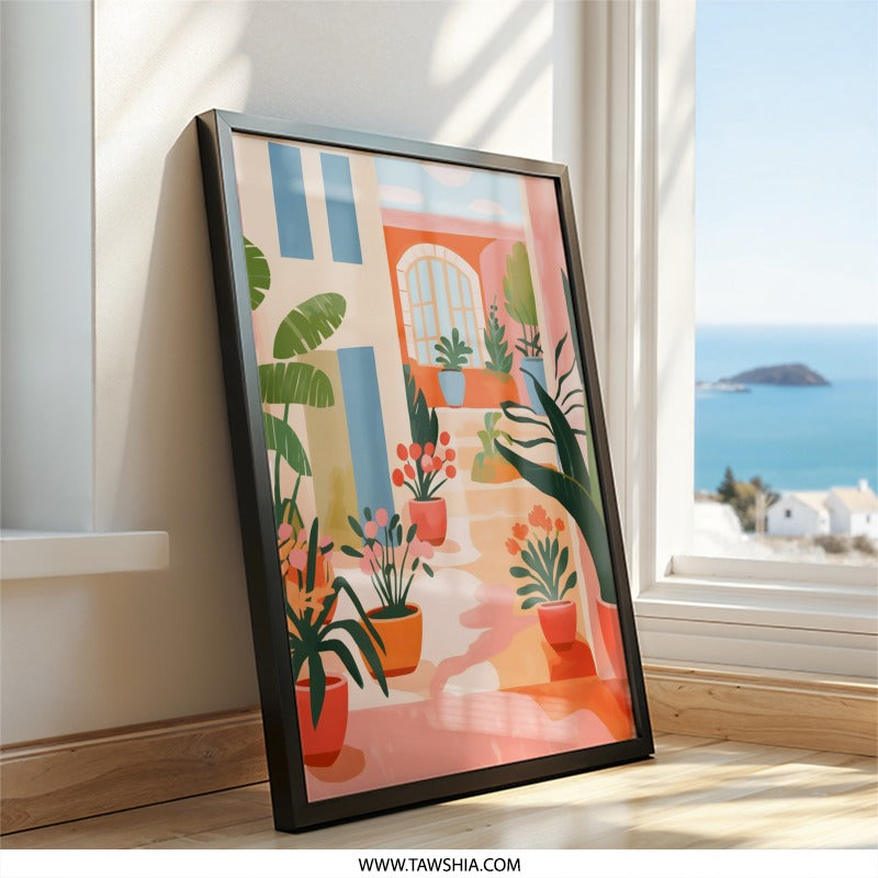Italian Street Wall Art, Potted Plant Print, Botanical Home Decor, Houseplant Art, Urban Oasis Painting, Mediterranean Scene Artwork - Tawshia