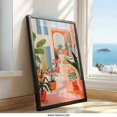 Italian Street Wall Art, Potted Plant Print, Botanical Home Decor, Houseplant Art, Urban Oasis Painting, Mediterranean Scene Artwork - Tawshia