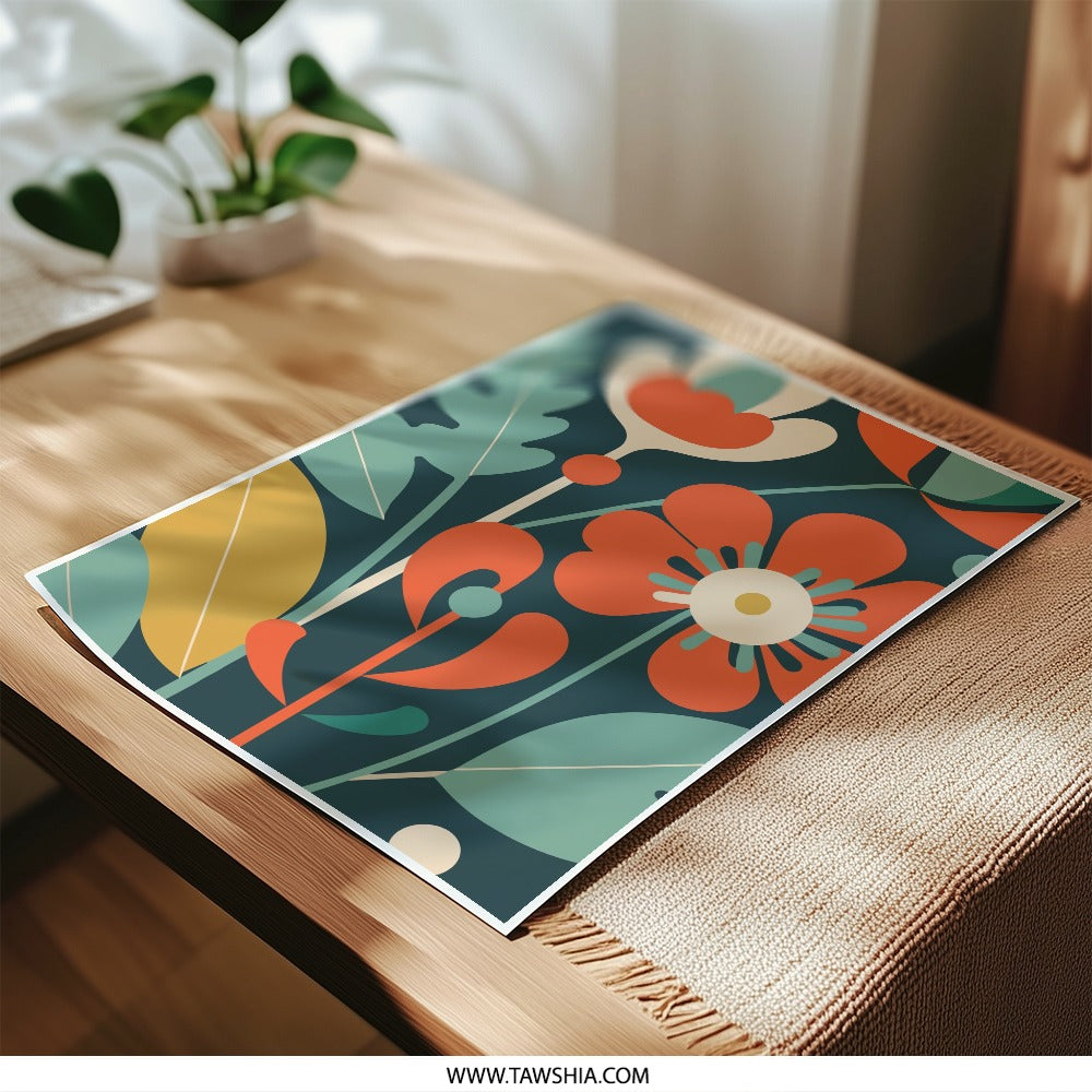 Retro Floral Photographic Print, 70s Flower Power Art, Mid Century Modern Wall Decor, Botanical Print, Dark Teal Background, Home Decor - Tawshia
