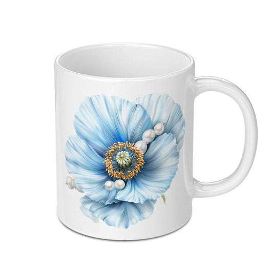Blue Poppy Mug, Floral Mug, Pearl Accent, Elegant Coffee Cup, Flower Mug, Gift Idea, Stylish Mug, Unique Design, Decorative Mug, Art Mug - Tawshia