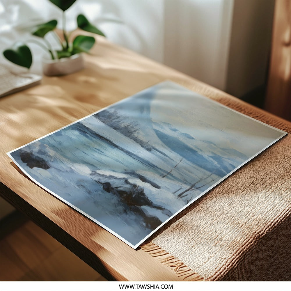 Winter Landscape Photographic Print, Snowy Mountain Scene Photo, River Valley Wall Art, Serene Winter Decor, Cold Climate Photography - Tawshia
