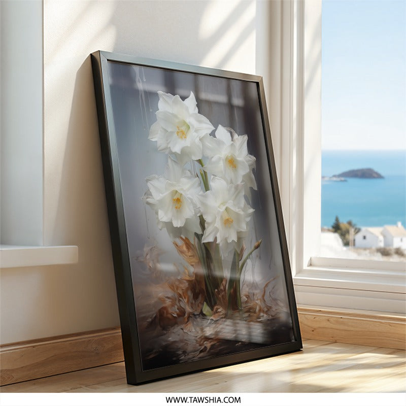 White Narcissus Wall Art, Floral Art Print, Botanical Wall Decor, Flower Painting, Spring Decor, Elegant Wall Hanging, Home Decor - Tawshia