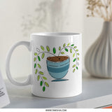 Blue Bowl Plant Mug, Ceramic Coffee Cup, Green Leaves Gift, Nature Lover Drinkware, Cute Kitchen Decor, Unique Tea Mug, Minimalist Design - Tawshia