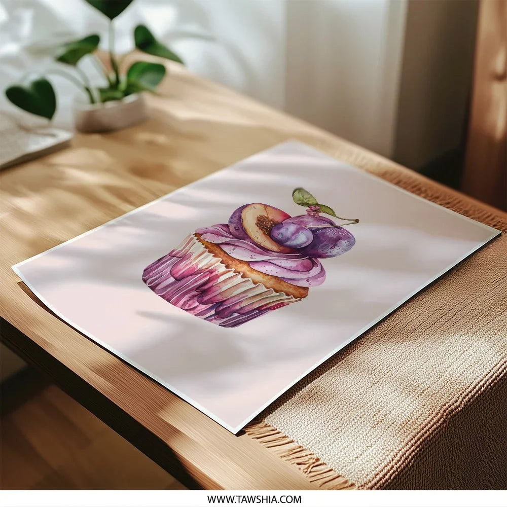 Plum Cupcake Photographic Prints, Watercolor Food Art, Sweet Treat Decor, Kitchen Art Print, Dessert Wall Art, Foodie Gift Idea - Tawshia