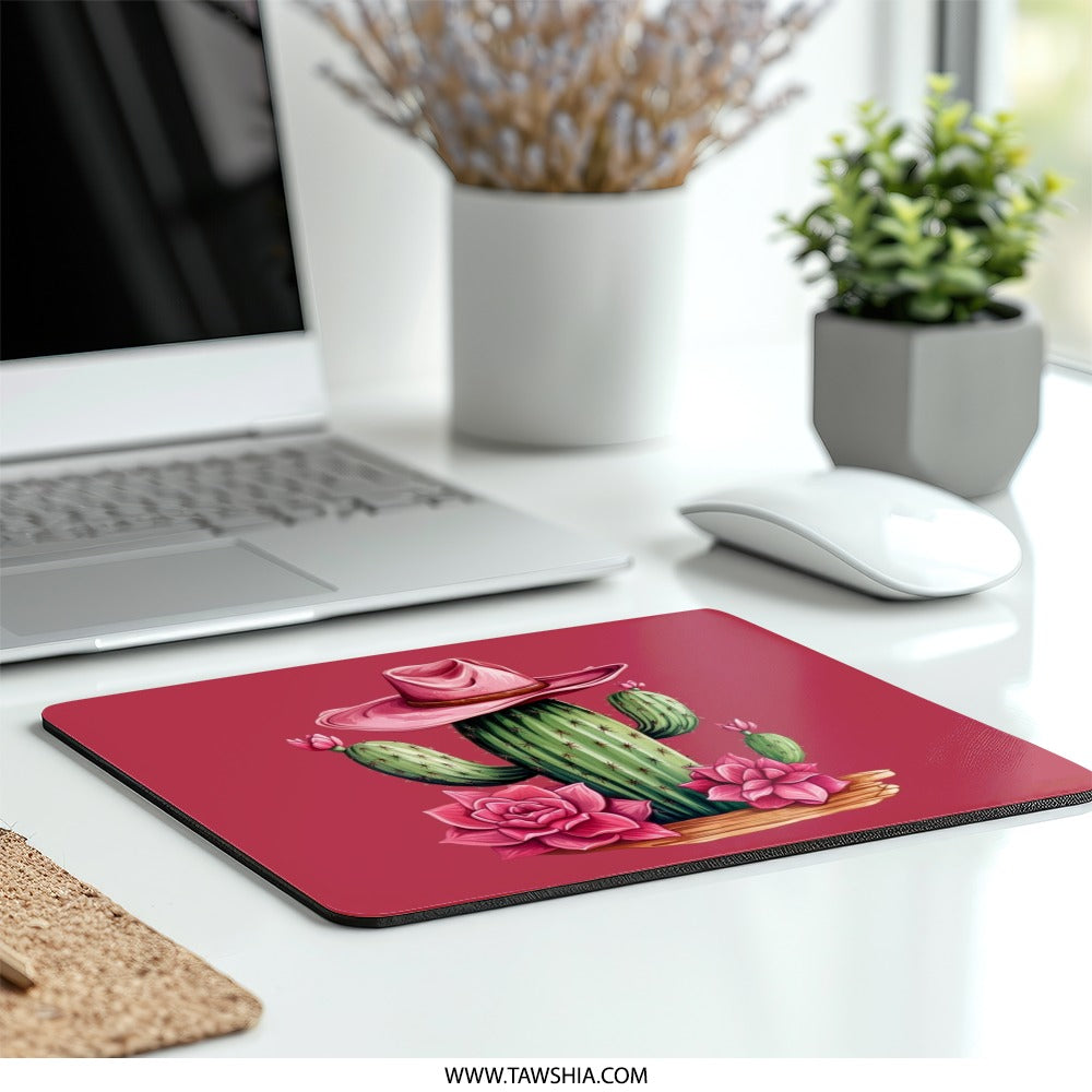 Cactus Cowboy Mouse Pad, Western Mousepad, Desert Decor, Pink Hat Mouse Pad, Floral Mouse Pad, Unique Office Gift, Computer Accessory - Tawshia