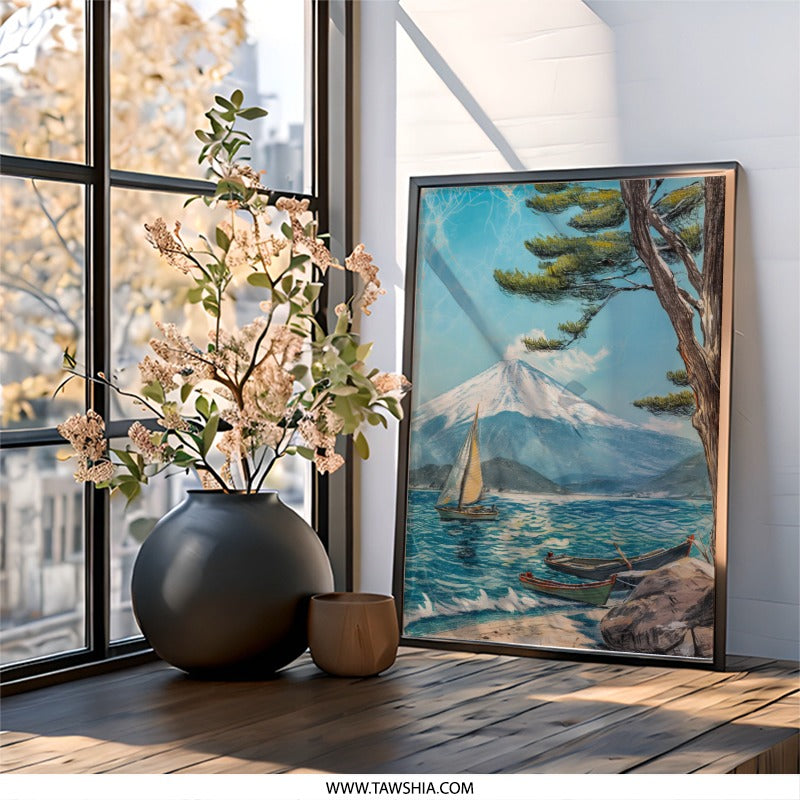 Mount Fuji Wall Art, Japanese Seascape Print, Sailboat Painting, Mountain Landscape Poster, Asian Art Print, Serene Lake Artwork - Tawshia
