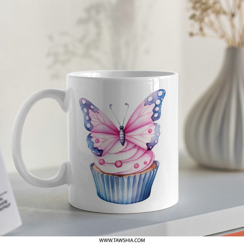 Butterfly Cupcake Mug, Watercolor Art Mug, Whimsical Mug, Cute Coffee Mug, Unique Gift Idea, Cupcake Lover Mug - Tawshia