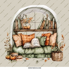Book Nook Pinback Button, Reading Corner, Cozy Home Decor, Autumn Leaves, Book Lover Gift, Literary Accessories, Bookcase Button - Tawshia