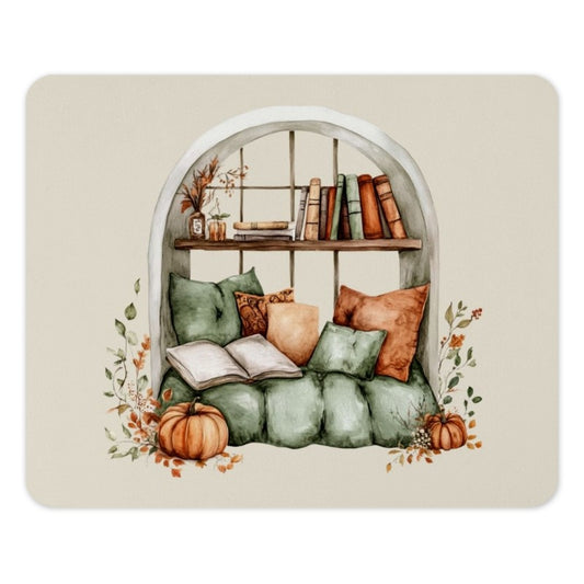 Reading Nook Mouse Pad, Cozy Home Office Decor, Fall Pumpkin Watercolor, Books and Pillows, Autumn Vibes, Cute Desk Accessory - Tawshia