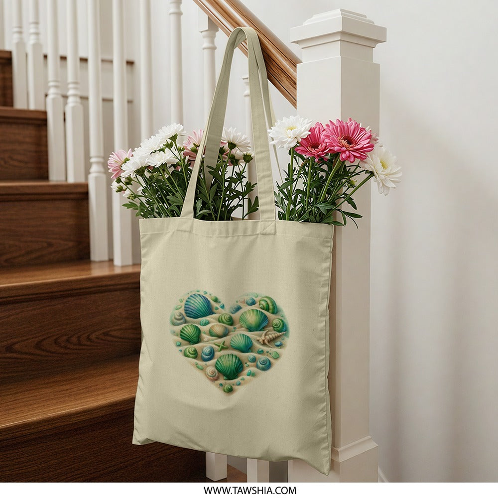 Seashell Heart Tote Bag, Beach Lover Gift, Ocean Theme Tote, Coastal Style Bag, Nautical Design Handbag, Unique Gift for Her, Summer Tote - Tawshia