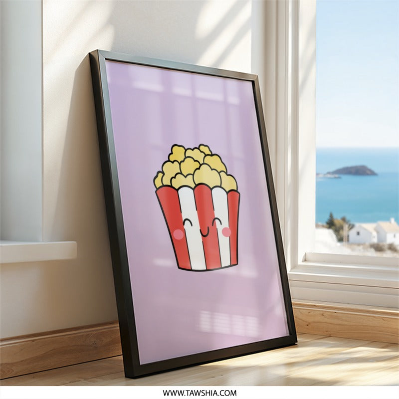 Cute Popcorn Wall Art, Happy Food Print, Kawaii Home Decor, Kid Room Art, Movie Night, Playroom Decor, Cartoon Popcorn Art - Tawshia