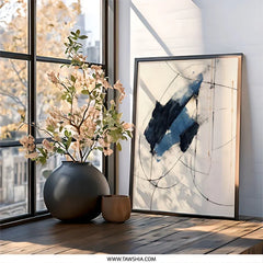 Abstract Strokes Wall Art, Modern Art Print, Blue Black Painting, Contemporary Home Decor, Geometric Wall Decor, Framed Art - Tawshia