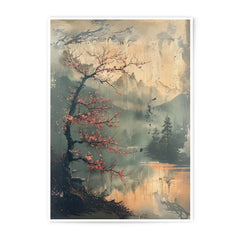Asian Landscape Photographic Print, Cherry Blossom Tree Art, Japanese Scenery Wall Decor, Misty Mountain Artwork, Lake Reflection Photo - Tawshia