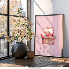 Romantic Basket Wall Art, Pink Roses Print, Valentine's Decor, Cute Basket Illustration, Anniversary Gift, Home Decor, Framed Art - Tawshia