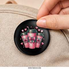 Pink Coffee Pinback Button, Cute Bows Coffee Cups, Coffee Lovers, Cafe Aesthetic, Kawaii Badge, Gift Idea, Unique Design - Tawshia