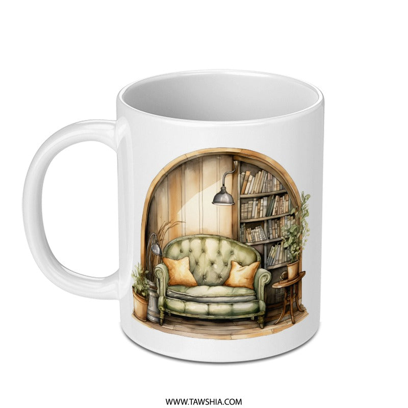 Cozy Home Mug, Bookshelf Mug, Interior Decor Mug, Book Lover Gift, Warm Mug, Aesthetic Coffee Mug, Home Office Mug, Relaxing Mug - Tawshia