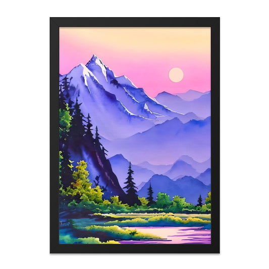 Mountain Scenery Wall Art, Watercolor Landscape Print, Nature Home Decor, Pastel Sunset Art, Peaceful Mountain View, Framed Wall Decor - Tawshia