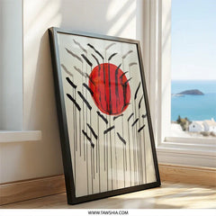 Abstract Red Sun Wall Art, Minimalist Sunset Print, Modern Ink Painting, Bold Geometric Decor, Japanese Style Home Accent, Unique Gift Idea - Tawshia