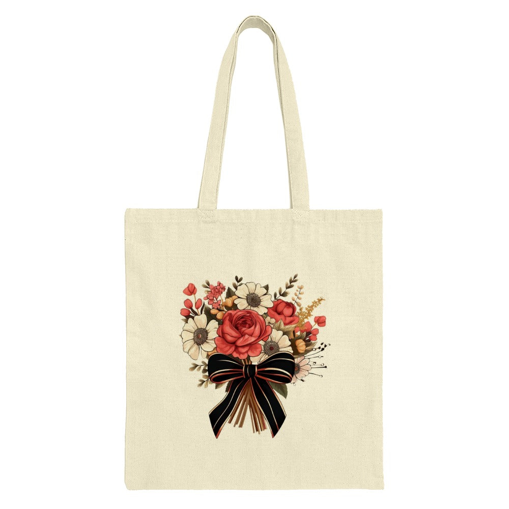 Floral Bouquet Tote Bag, Rose Flowers, Bow Accent, Aesthetic Shopping Bag, Gift for Her, Stylish Everyday Bag - Tawshia