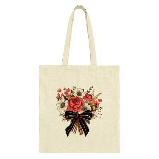 Floral Bouquet Tote Bag, Rose Flowers, Bow Accent, Aesthetic Shopping Bag, Gift for Her, Stylish Everyday Bag - Tawshia