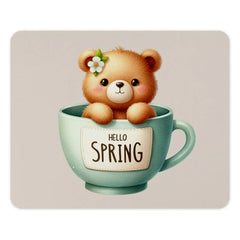 Hello Spring Teddy Bear Mouse Pad, Cute Bear in Tea Cup, Floral Bear PC Accessory, Spring Decor Desk Mat, Animal Lover Gift - Tawshia