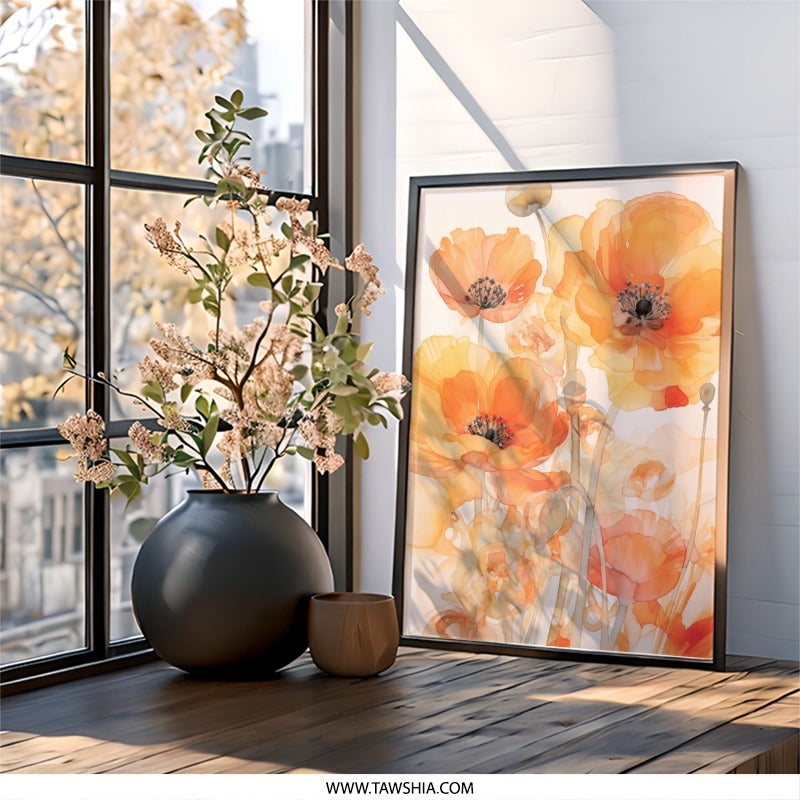 Orange Poppy Wall Art, Floral Art Print, Botanical Wall Decor, Flower Painting, Modern Home Decor, Poppy Art Print, Botanical Art - Tawshia