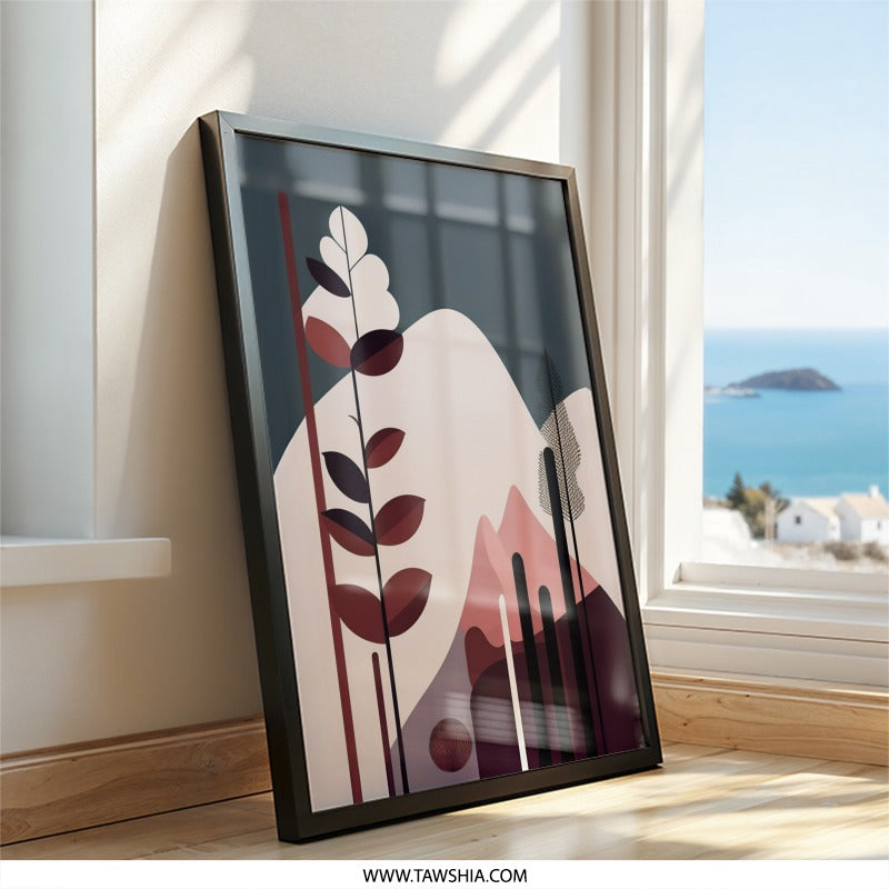 Abstract Landscape Wall Art, Minimalist Mountain Print, Geometric Trees Poster, Modern Art Decor, Nature Inspired Artwork - Tawshia