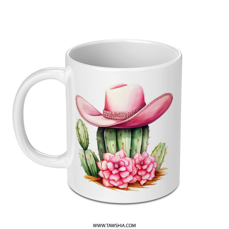 Cactus Cowgirl Mug, Western Pink Hat Coffee Mug, Desert Flower Mug, Unique Ceramic Mug, Cute Novelty Mug, Gift for Her, Southwestern Decor - Tawshia