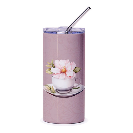 Floral Teacup Tumbler, Pink Flower Tumbler, Elegant Drinkware, Gift For Her, Tea Lover Gift, Botanical Tumbler, Travel Mug, Coffee Cup - Tawshia