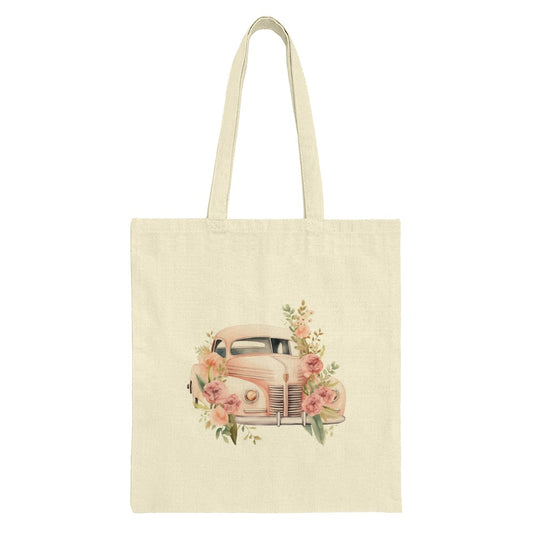 Floral Car Tote Bag, Vintage Auto, Flower Tote Bag, Unique Gift, Trendy Bag, Car Lover Gift, Cute Tote Bag, Everyday Bag, Shopping Bag - Tawshia