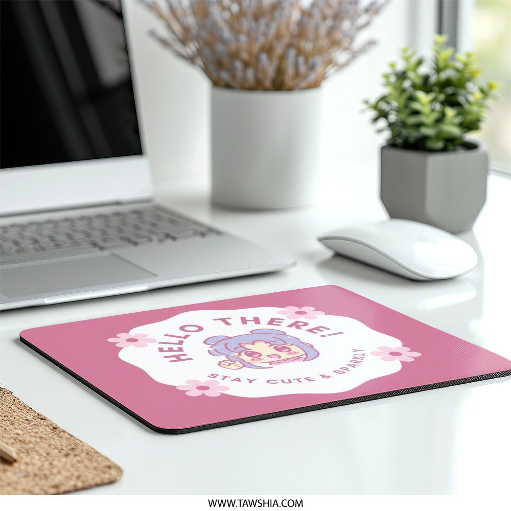 Kawaii Mouse Pad, Cute Anime Girl, Pastel Pink, Hello There, Stay Cute and Sparkly, Kawaii Aesthetic, Desk Decor, PC Gaming - Tawshia