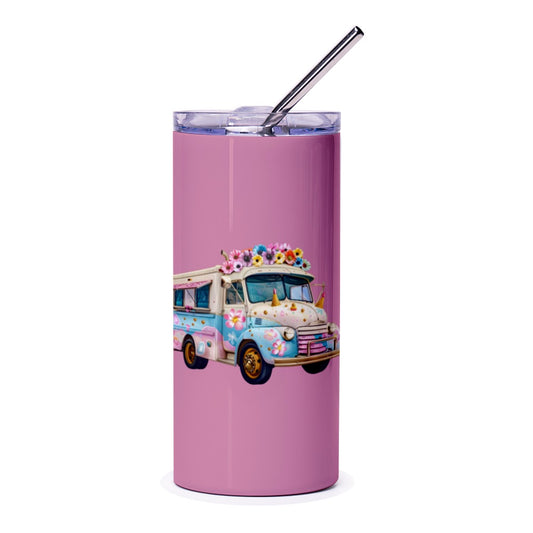 Floral Ice Cream Truck Tumbler, Cute Food Truck Gift, Pastel Pink Travel Tumbler, Unique Drinkware for Her, Fun Tumblers for Girls - Tawshia
